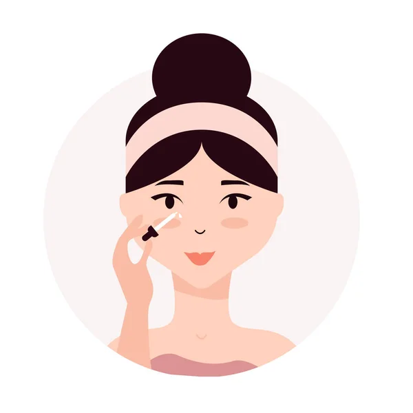 女人照顾她的脸 日常皮肤护理 年轻女人在脸上涂润肤血清 化妆品油 皮肤水合 — 图库矢量图片