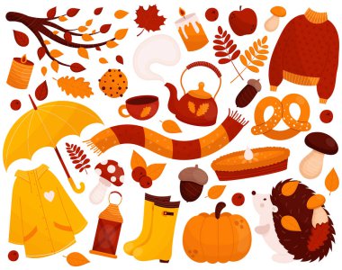 Merhaba sonbahar seti. Sıcak süveter, atkı, yağmurluk, yapraklar, mantarlar, kirpi, balkabağı, turta. El çizimi sonbahar vektör elementleri düz stil. Kartlar, ağ, posterler, çıkartmalar için.