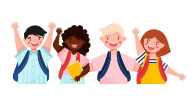 Back to school concept. Group of smiling multicultural pupils with backpacks. Happy kids characters. Flat cartoon style vector illustration.