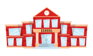 Front view of a classic school building with clock, big windows and doors. Flat, cartoon style vector illustration isolated on white background. Red elementary or high school architecture.