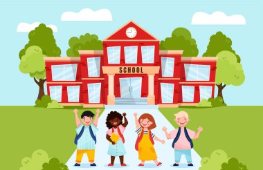 Back to school concept. Group of multicultural pupils walking to school. Smiling, happy kids with backpacks. Flat cartoon style vector illustration. Red School building architecture with trees and shrubs.