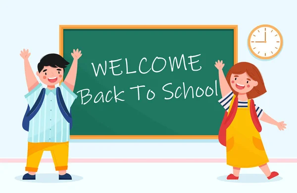 Welcome Back School Concept Smiling Kids Backpacks Classroom Chalkboard Clock — Stock vektor