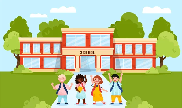 Back School Concept Group Multicultural Pupils Walking School Happy Kids — Vettoriale Stock