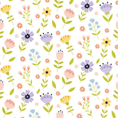 Güzel tavşanlar, civcivler, yumurtalar ve bahar çiçekleriyle el yapımı Paskalya çıkartması. Bebek dekoru, çıkartmalar, tebrik kartları ve eğlenceli tasarımlar için yumuşak pastel renkte düz vektör illüstrasyonu.