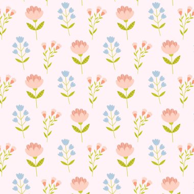 Güzel tavşanlar, civcivler, yumurtalar ve bahar çiçekleriyle el yapımı Paskalya çıkartması. Bebek dekoru, çıkartmalar, tebrik kartları ve eğlenceli tasarımlar için yumuşak pastel renkte düz vektör illüstrasyonu.