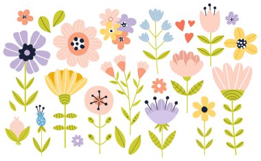 İskandinav halk sanatı tarzında el yapımı bahar çiçeği koleksiyonu. Tatlı düz vektör çiçekleri ve beyaz üzerine izole edilmiş bebek odası dekoru için yumuşak pastel renkli yapraklar..
