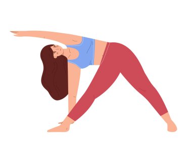 Yoga yapan genç bir kadın. Üçgendeki kadın beyaz arka planda yalnız poz veriyor. Esneklik, zindelik, sağlık ve rahatlama yaşam tarzı tasarımı için tasarım ögesi.