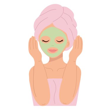Yüzünde yeşil kozmetik maske ve pembe havlu olan genç bir kadın. Yüz bakımı uygulayan kadın karakter günlük güzellik rutini sırasında dinleniyor..
