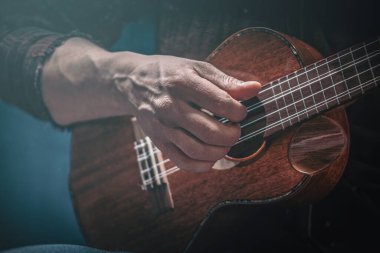 Ukulele çalan bir adamın elleri. Ukulele 'deki halk müziği sanatçısı. Görüntü tonlaması ve yüzeysel alan derinliği. Seçici odak.