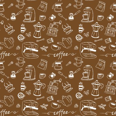 Kahve fincanlarıyla kusursuz desen, el çizimi kahve saati ikonu seti. İzole edilmiş içecek sembollerinin vektör koleksiyonu. Çeşitli karikatür içecek unsurları: kupa, fincan, espresso, Americano, kafeinsiz, mocha, kahve