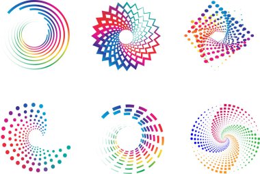 Renkli soyut elementler seti, altı soyut geometrik tasarım canlı renklerle, spiral ve dairesel desenlerle. Sol üst tasarım eşmerkezli gökkuşağı renkli çemberlerden oluşur..