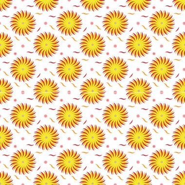 Sarı çiçekli pürüzsüz desen, beyaz arkaplanda kırmızı aksanlı biçimsiz sarı çiçek deseni. Her çiçek kıvrımlı taç yaprakları ve merkezi bir noktayla bir güneş patlamasını andırıyor..