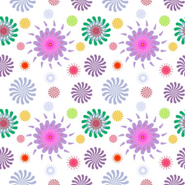 Çiçeklerle kusursuz desen, mor, pembe, yeşil, kırmızı, mavi ve sarı olmak üzere çeşitli renklerde soyut çiçek şekillerinden oluşan desen beyaz arka planda..