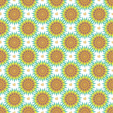 Çiçekli soyut, pürüzsüz desen, beyaz arkaplanda mor ve sarı renkli yıldız patlaması tasarımları içeren tekrarlayan geometrik desen..