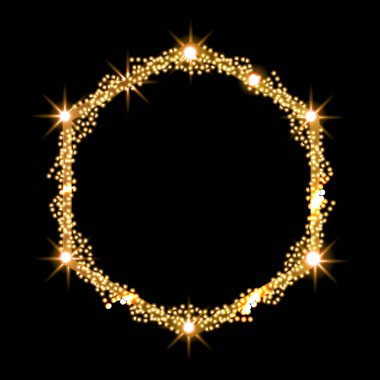 Altın bir altıgen çerçeveli lüks Noel arkaplan tasarımı ve merkezi fotokopi alanı olan siyah bir arka planda ışıltılı parıltı. Renkli vektör illüstrasyonu.