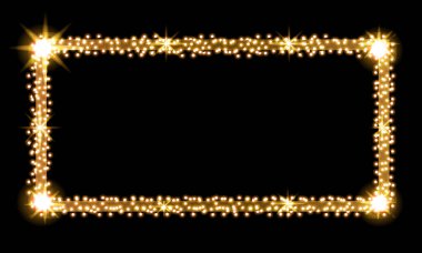 Altın yatay dikdörtgen çerçeveli lüks bir Noel arkaplan tasarımı ve merkezi fotokopi alanı olan siyah bir arka planda ışıltılı parıltı. Renkli vektör illüstrasyonu.
