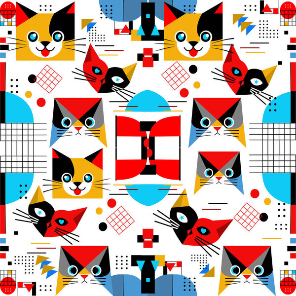 Bauhaus Style Geometric Cat Seamless Pattern