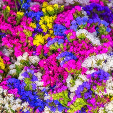 Bunches of colourful flowers making an abstract pattern image for a background