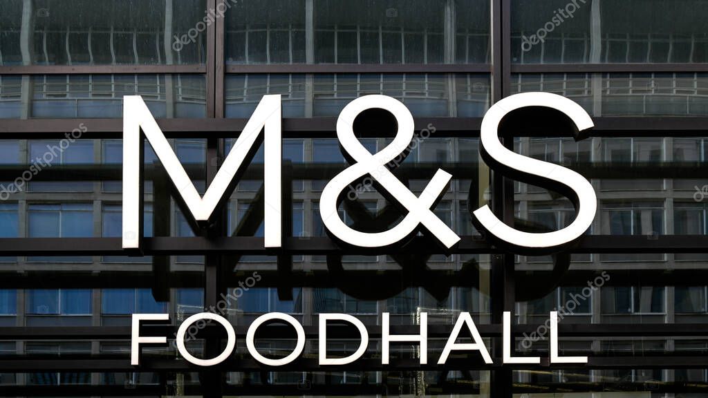 LONDON, UK - OCTOBER 11, 2025:  Marks and Spencer Foodhall Supermarket sign With No People at Waterloo