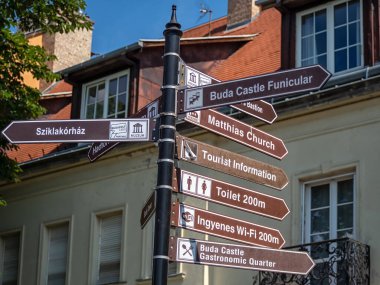 BUDAPEST, HUNGARY - 16 HAZİRAN 2019: Budapeşte 'nin merkezinde Buda Şatosu ve Matthias Kilisesi' ne giden yol tarifi