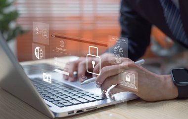 Siber güvenlik ve veri koruma kavramı. Çevrimiçi gizlilik, güvenlik sistemleri, şifreli ağlar ve siber uzayda bilgi korumasını sağlayan dijital teknoloji.