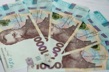 Ukrayna parası, Ukrayna banknotlarının dokusu ve yüz değeri bin hryvnia..