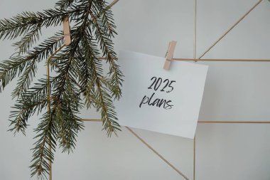 Üzerinde 2025 'in planları olan bir not, çam dalı olan bir mandala asılmış.