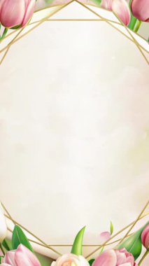 Yumuşak pembe laleler ve yeşil yapraklardan oluşan güzel bir dikey çerçeve. Zarif altın geometrik şekilli, davetiye ve kartlar için mükemmel..