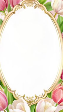 Canlı pembe ve beyaz lalelerle süslenmiş güzel bir oval çerçeve, davetiyeler veya dekoratif kullanım için mükemmel..