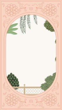 Çiçek motifleri ile süslü pembe bir çerçeve ile güzel bir illüstrasyon, bereketli yeşillik ve dekoratif bir çit ile huzurlu bir bahçe manzarası eklenir.