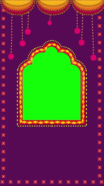 A vibrant purple archway with decorative elements and a green screen for customization suitable for cultural events or video editing. A vibrant purple archway with decorative elements and a green screen for customization suitable for cultural events or video editing.
