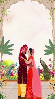 Bir Hint düğününün canlı bir örneği. Tavus kuşları ve çiçek süsleri arasında öpüşen bir çiftin süslenip püslenmiş bir kemer yolunda çekildiği..