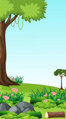 Uzun ağaçlar, yeşil çimenler, pembe çiçekler ve açık mavi gökyüzünün altında dağınık kayaların olduğu canlı bir orman sahnesi..