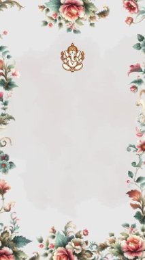 Ganesha illüstrasyonu içeren zarif bir çiçek çerçevesi, düğün davetiyeleri ve festival kartları için mükemmel..