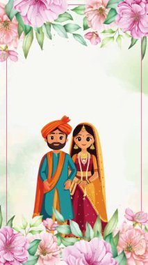 Çiçekli süslemelerle çevrili geleneksel giyinmiş bir gelin ve damadın yer aldığı büyüleyici Hint animasyon düğün davetiyesi. Düğün duyuruları için mükemmel..
