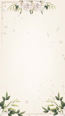 Beyaz çiçekli ve yeşil yapraklı narin bir çerçeve düğün davetiyeleri, tebrik kartları ve zarif tasarımlar için mükemmel..