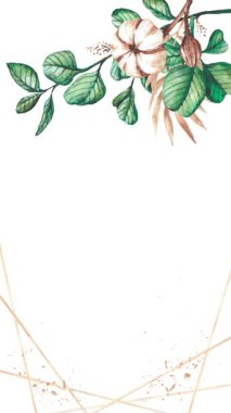 Çiçekli, yapraklı ve çiçekli suluboya bir resim. Davetiyeler ve tasarımlar için mükemmel..