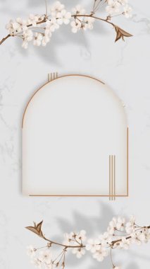 Zarif beyaz çiçeklerle süslenmiş, bahar temalı tasarımlar ve davetiyeler için mükemmel altın çerçeveli sakin bir kompozisyon..