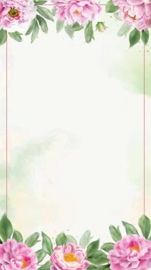 Pembe şakayık ve yeşil yapraklı zarif çiçek çerçevesi, davetiyeler, selamlar ve duyurular için mükemmel. Suluboya tarzı yumuşak bir dokunuş ekler.