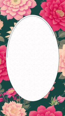 Pembe ve şeftali çiçekli zarif çiçek çerçevesi, özel davetiyeler, selamlar ve kişisel mesajlar için mükemmel. Metninizi veya resminizi oval alana ekleyin.
