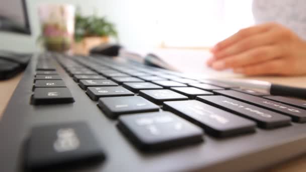 Estudiante chica trabaja en una oficina escribiendo texto en el teclado — Vídeo de stock