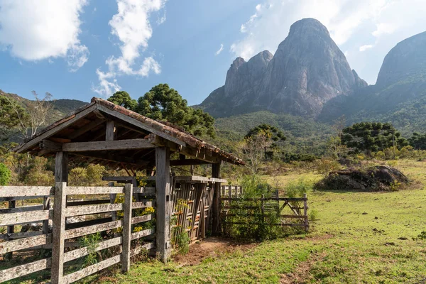 Hermosa Vista Corral Vaca Gran Pico Montaña Rocosa Emergiendo Selva — Foto de Stock