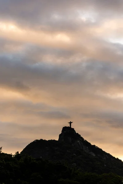 Prachtig Uitzicht Christus Verlosser Standbeeld Top Van Berg Met Zonsondergang — Stockfoto