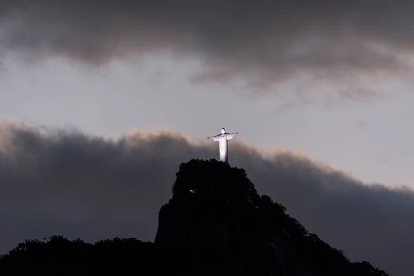 Hermosa Vista Cristo Redentor Estatua Cima Montaña Con Nubes Atardecer — Foto de Stock