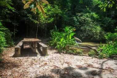 Old rustic stone table near watearfall in green Tijuca Forest Park, Rio de Janeiro, Brazil