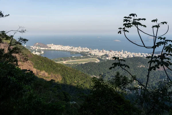 Gyönyörű Kilátás Nyílik Városra Óceánra Lagúnára Hegyekre Rio Janeiro Zöld — Stock Fotó