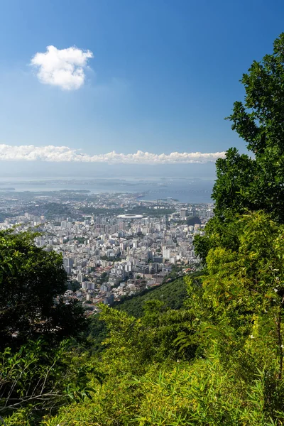 Krásný Výhled Zelené Deštné Pralesy Městské Budovy Parku Tijuca Rio — Stock fotografie