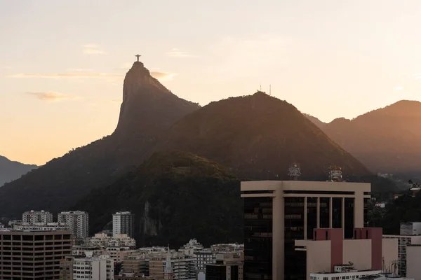 Gyönyörű Naplemente Kilátás Városra Corcovado Mountain Krisztus Szobra Rio Janeiro — Stock Fotó
