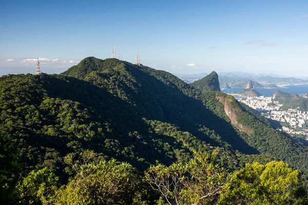 Gyönyörű Kilátás Nyílik Városra Zöld Esőerdők Hegyek Tijuca Park Rio — Stock Fotó