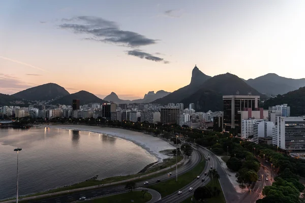 Gyönyörű Naplemente Kilátás Városra Óceánra Hegyekre Rio Janeiro Brazília — Stock Fotó